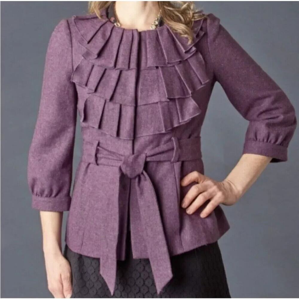 Anthropologie Tabitha Foliage Finder Ruffle Belted Jacket 4 Purple Wool Blend